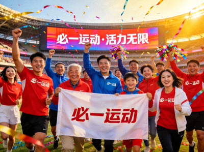必一运动品牌简介配图 - 一群人在体育场欢呼庆祝的壮观场景
